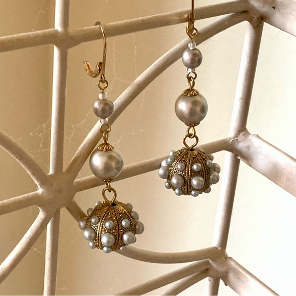 Gold & Pearl Statement Dangle Earrings - Picture 1 of 7